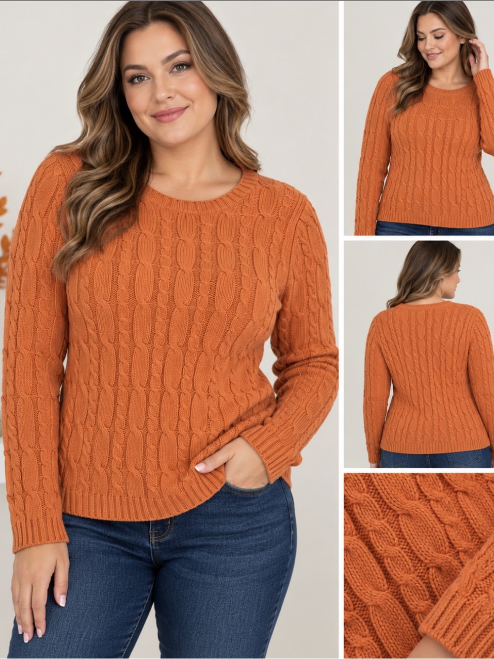 Charter Club Woman Orange Cable Knit Sweater 2X 100% Cotton Crewneck